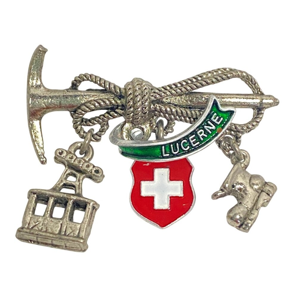 Swiss Lucerne Pickaxe Cable Car Alpine Boot Silver Tone with Enamel Charm Brooch